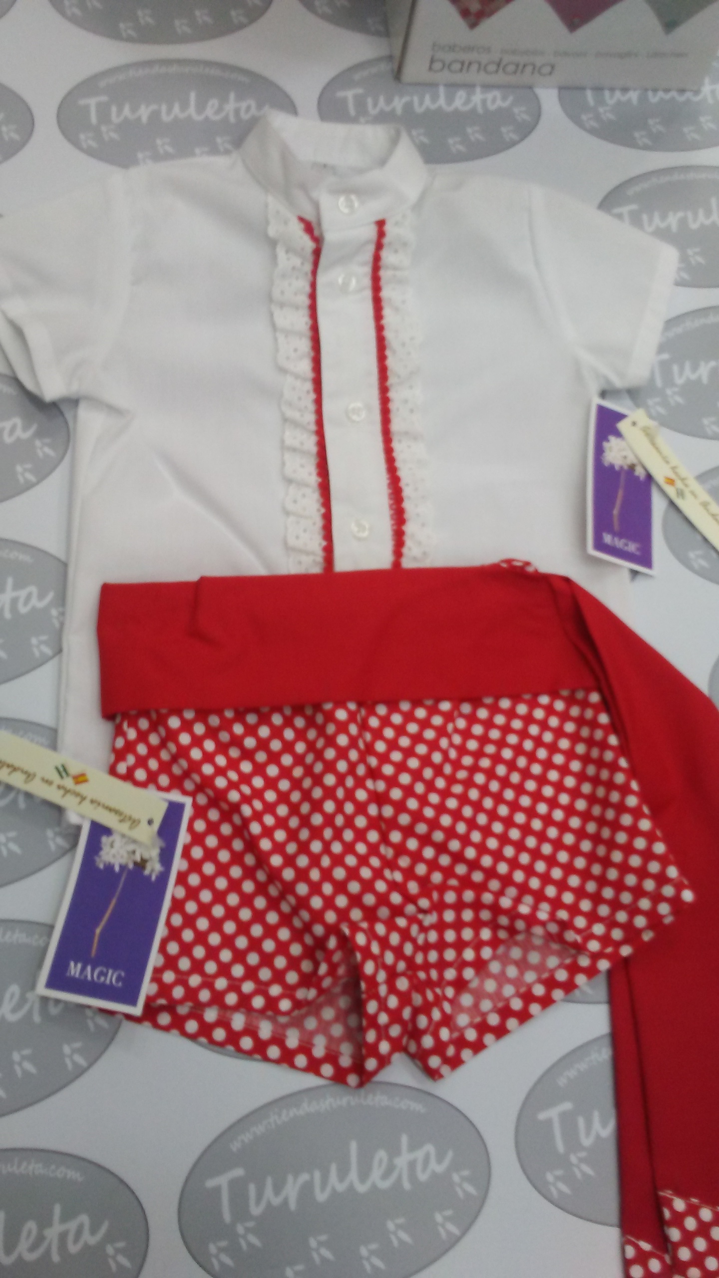 Conjunto flamenco niño Camisa+pantalon rojo lunar blanco+fajin