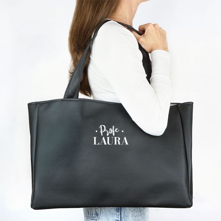 MIPIPO Bolso shopper polipiel personalizable ( color a elegir) Profe + Nombre
