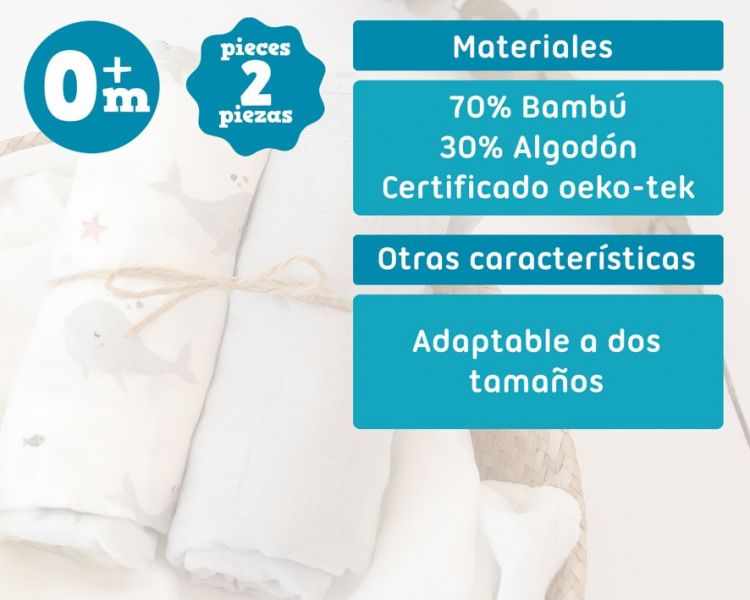 KIOKIDS Set 2 Muselinas bamb� Gris