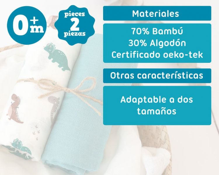 KIOKIDS Set 2 muselinas bamb� Dinosaurio